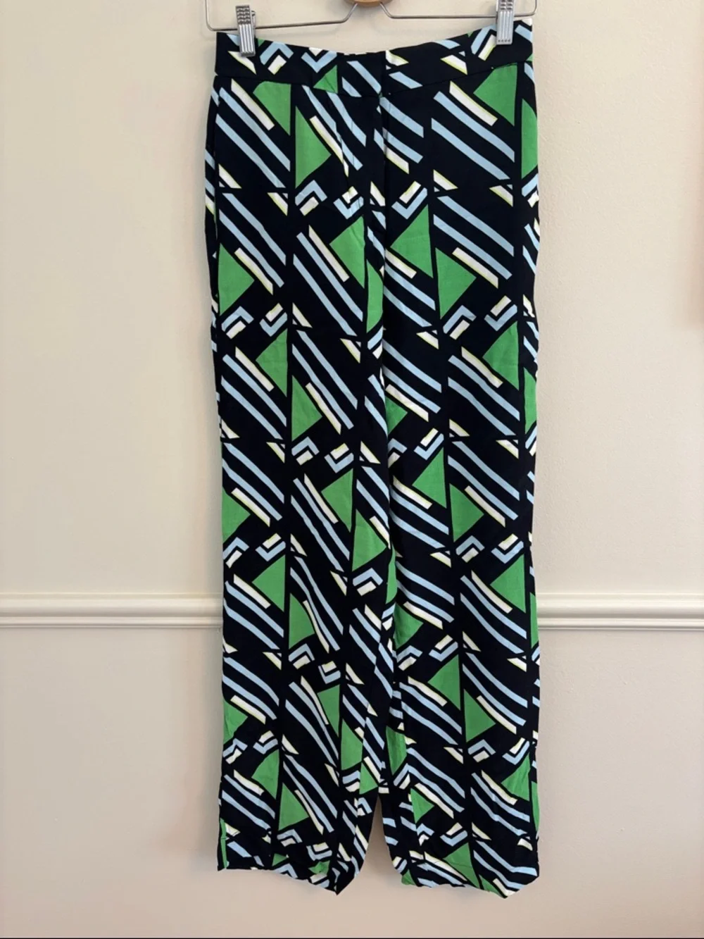 Zara Black Wide-Leg Pants with Green and Light Blue Geometric Print - Picture 1 of 9